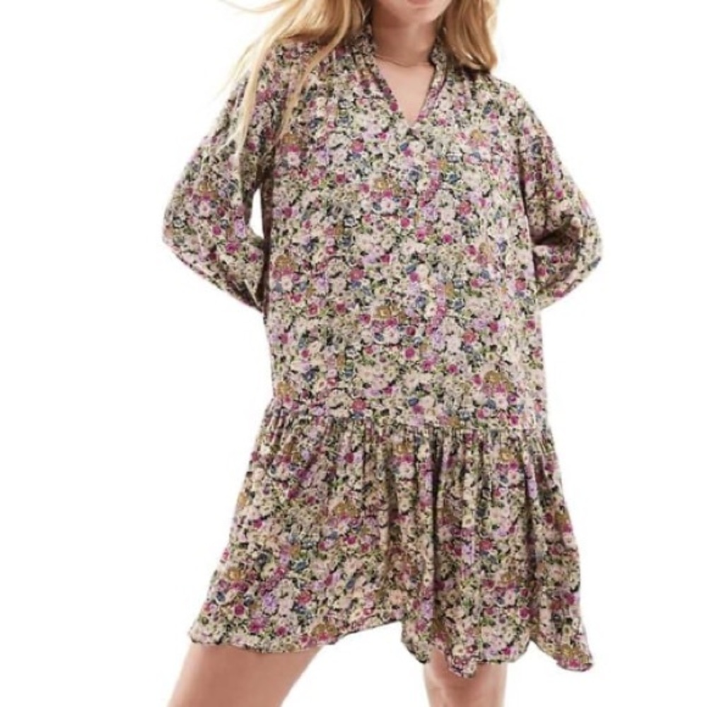 & Other Stories Floral Mini Dress Cottagecore Tiered Hem Size M